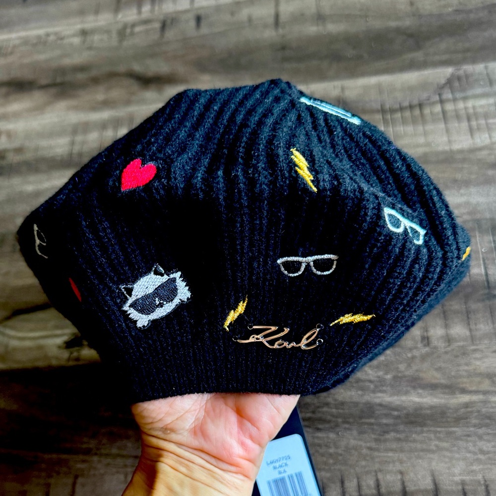 Kids Black Embroidered Beret, Karl Lagerfeld